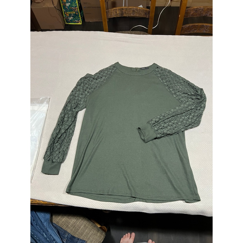 Miholl Women's Pullover Long Sleeve Top Lace Olive Green Waffle Knit Size XXL